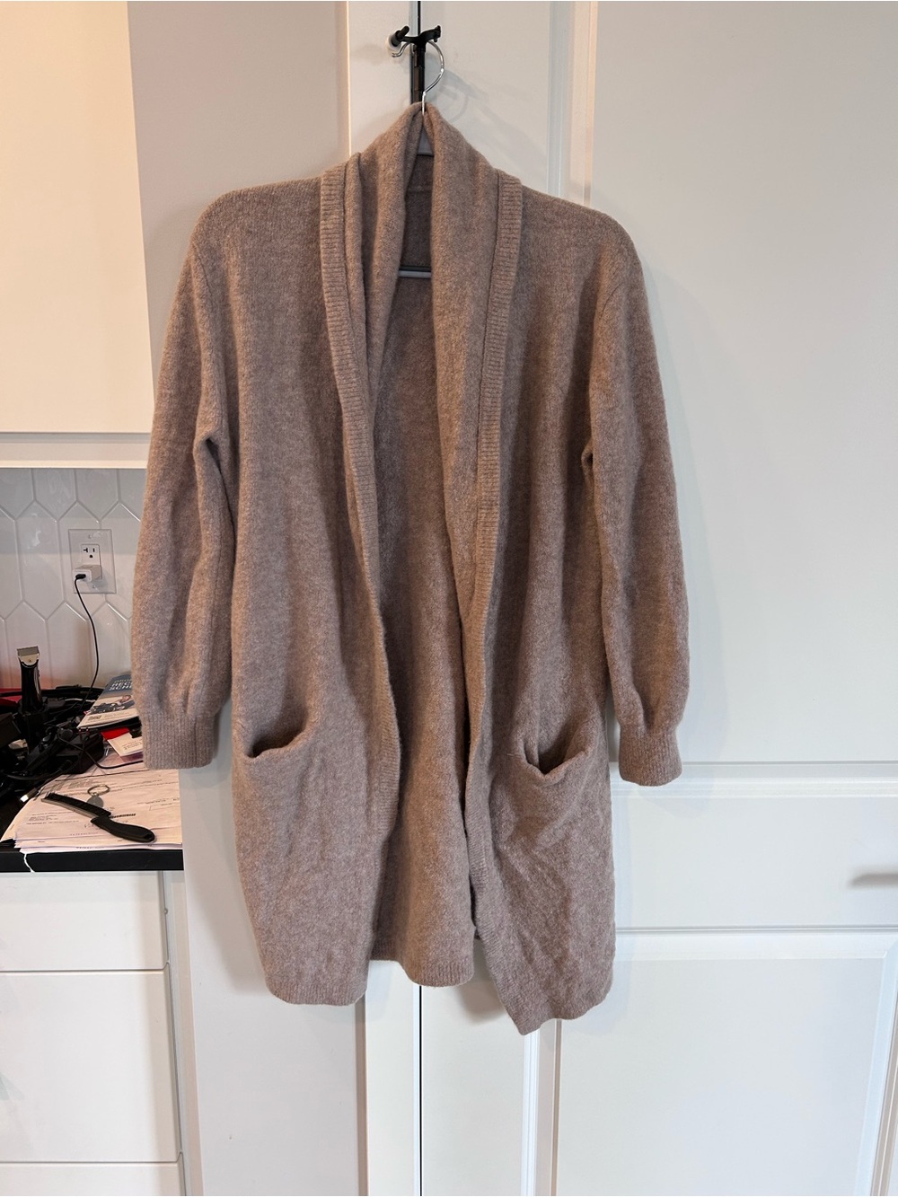 Kit and Ace Cashmere Blend Cozy Open Front Long Cardigan Sweater Taupe Roomy